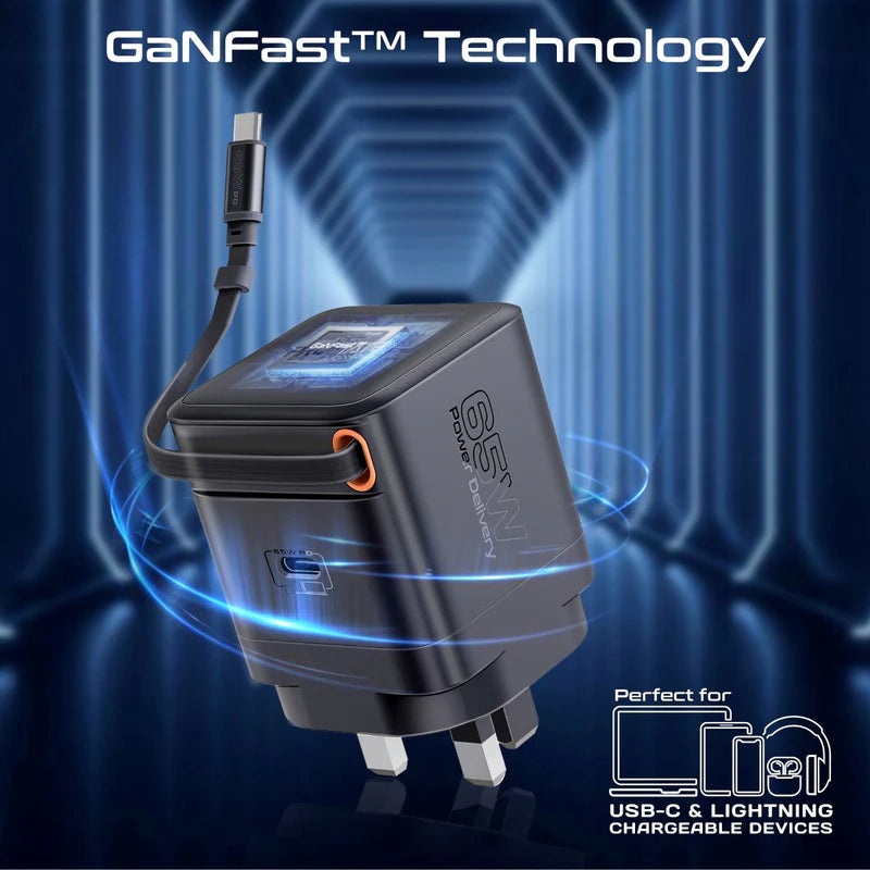 PROMATE Cubix-R65 GanFast Charging Adapter with Retractable USB-C Cable - 65W / USB-C / Black