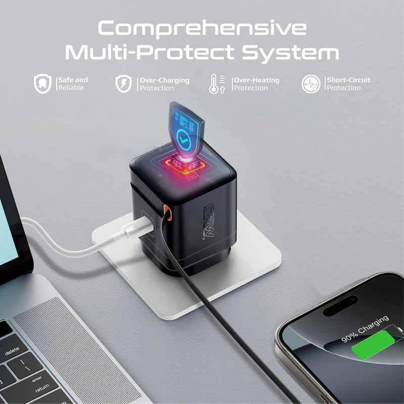 PROMATE Cubix-R65 GanFast Charging Adapter with Retractable USB-C Cable - 65W / USB-C / Black