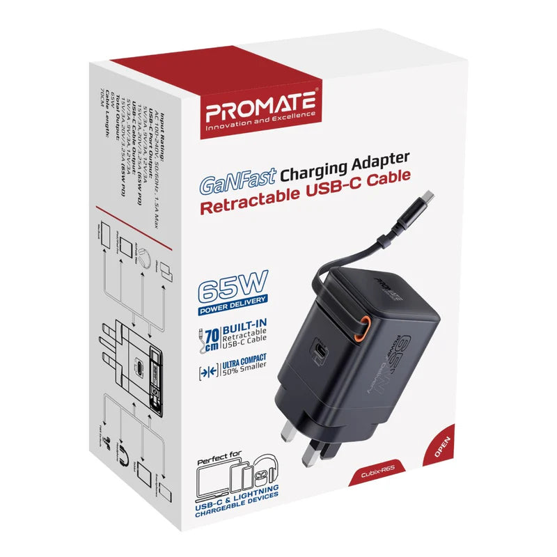 PROMATE Cubix-R65 GanFast Charging Adapter with Retractable USB-C Cable - 65W / USB-C / Black