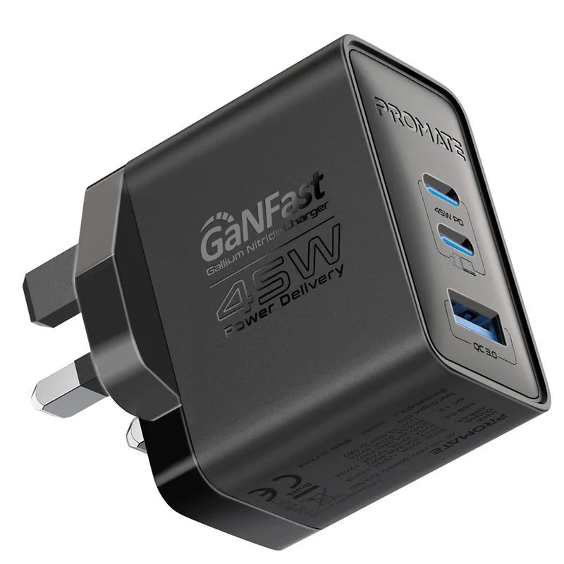 PROMATE PowerPort-45 Power Delivery GaNFast Charger - 45W / USB-C / USB-A / Black