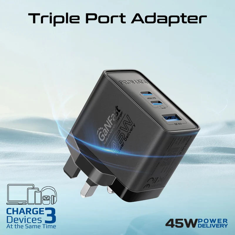 PROMATE PowerPort-45 Power Delivery GaNFast Charger - 45W / USB-C / USB-A / Black