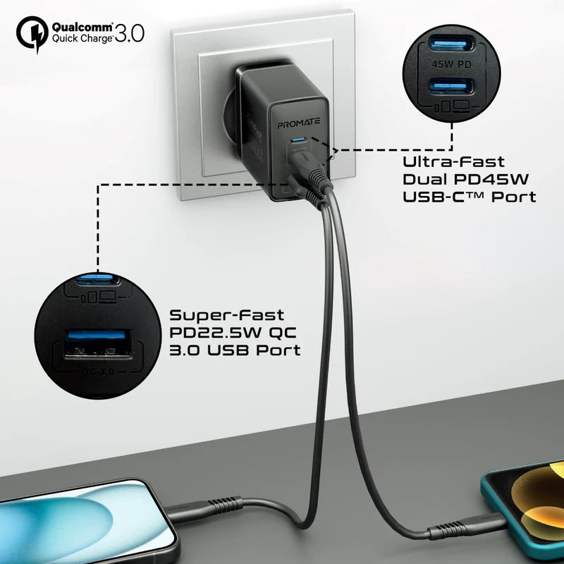 PROMATE PowerPort-45 Power Delivery GaNFast Charger - 45W / USB-C / USB-A / Black