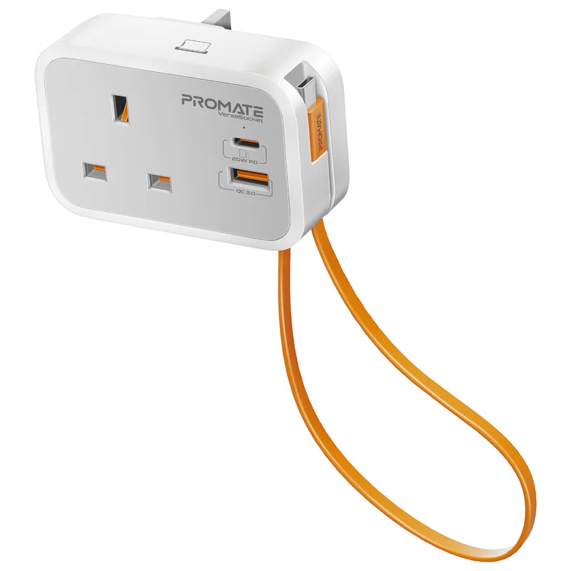 PROMATE VersaSocket Multi-Function AC Socket Charger Built-In USB-C Cable - 20W / USB-C / USB-A / White