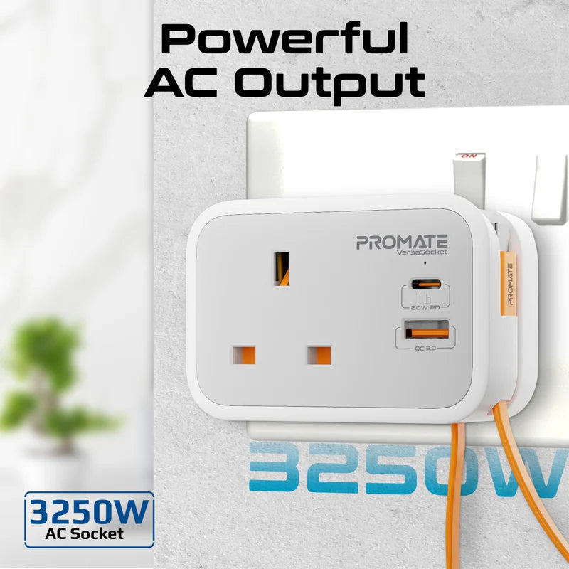 PROMATE VersaSocket Multi-Function AC Socket Charger Built-In USB-C Cable - 20W / USB-C / USB-A / White