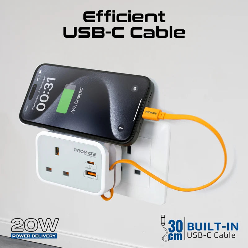 PROMATE VersaSocket Multi-Function AC Socket Charger Built-In USB-C Cable - 20W / USB-C / USB-A / White