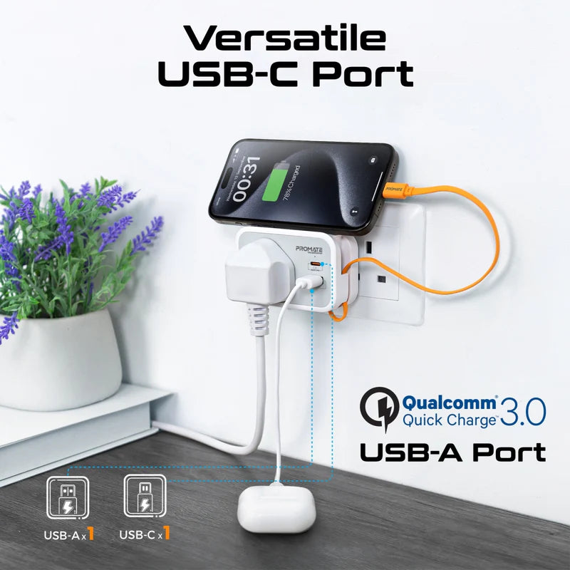 PROMATE VersaSocket Multi-Function AC Socket Charger Built-In USB-C Cable - 20W / USB-C / USB-A / White