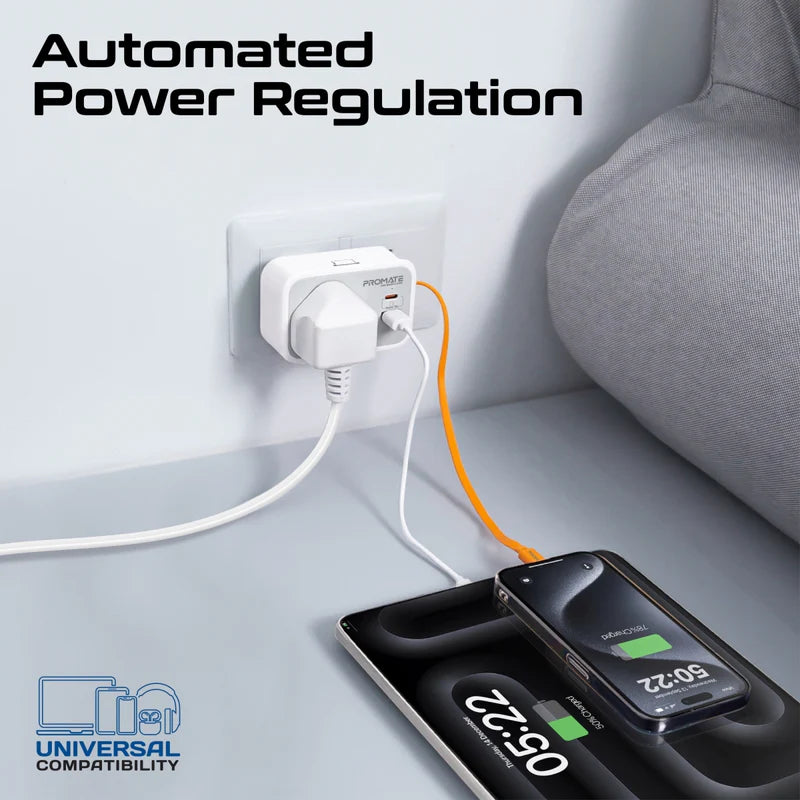 PROMATE VersaSocket Multi-Function AC Socket Charger Built-In USB-C Cable - 20W / USB-C / USB-A / White