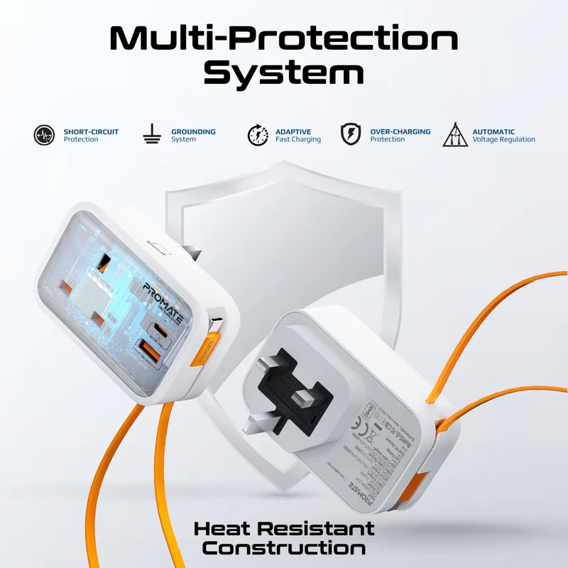 PROMATE VersaSocket Multi-Function AC Socket Charger Built-In USB-C Cable - 20W / USB-C / USB-A / White