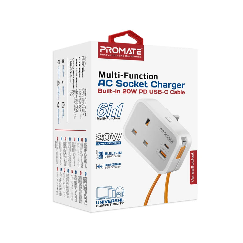 PROMATE VersaSocket Multi-Function AC Socket Charger Built-In USB-C Cable - 20W / USB-C / USB-A / White