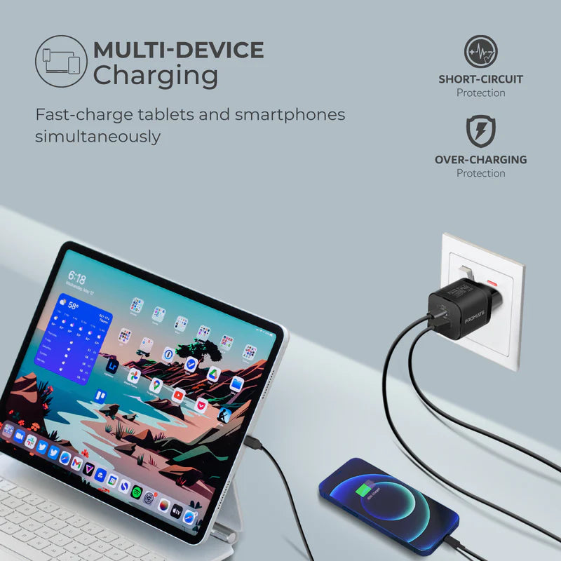 PROMATE PowerPort-33 Power Delivery GaNFast Charging Adapter - 33W / USB-C / USB-A / Black