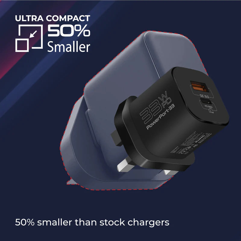 PROMATE PowerPort-33 Power Delivery GaNFast Charging Adapter - 33W / USB-C / USB-A / Black