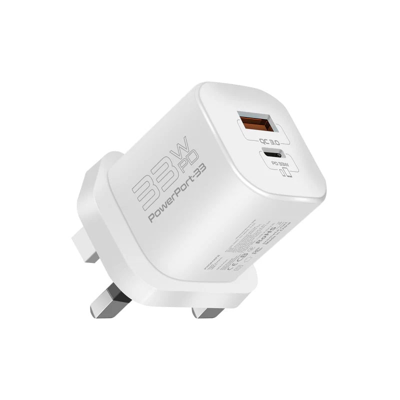 PROMATE PowerPort-33 Power Delivery GaNFast Charging Adapter - 33W / USB-C / USB-A / White