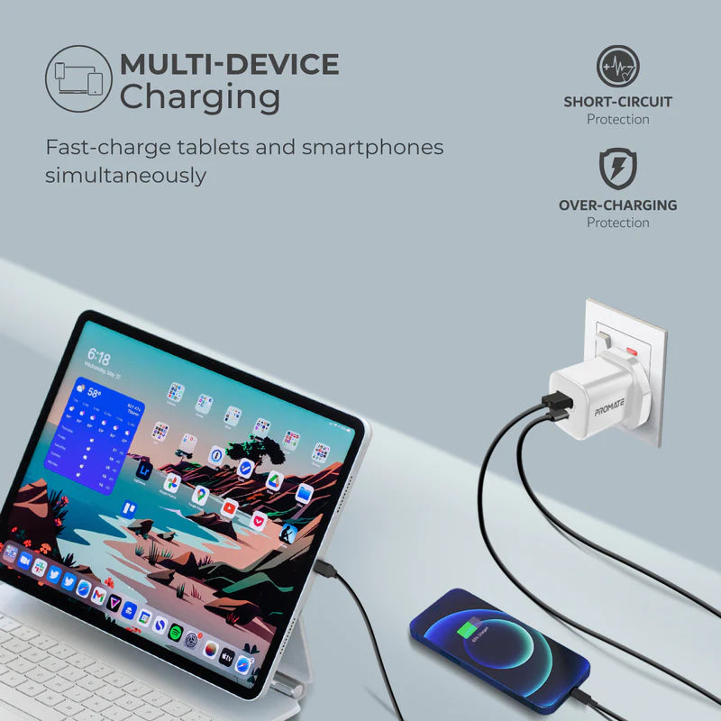 PROMATE PowerPort-33 Power Delivery GaNFast Charging Adapter - 33W / USB-C / USB-A / White