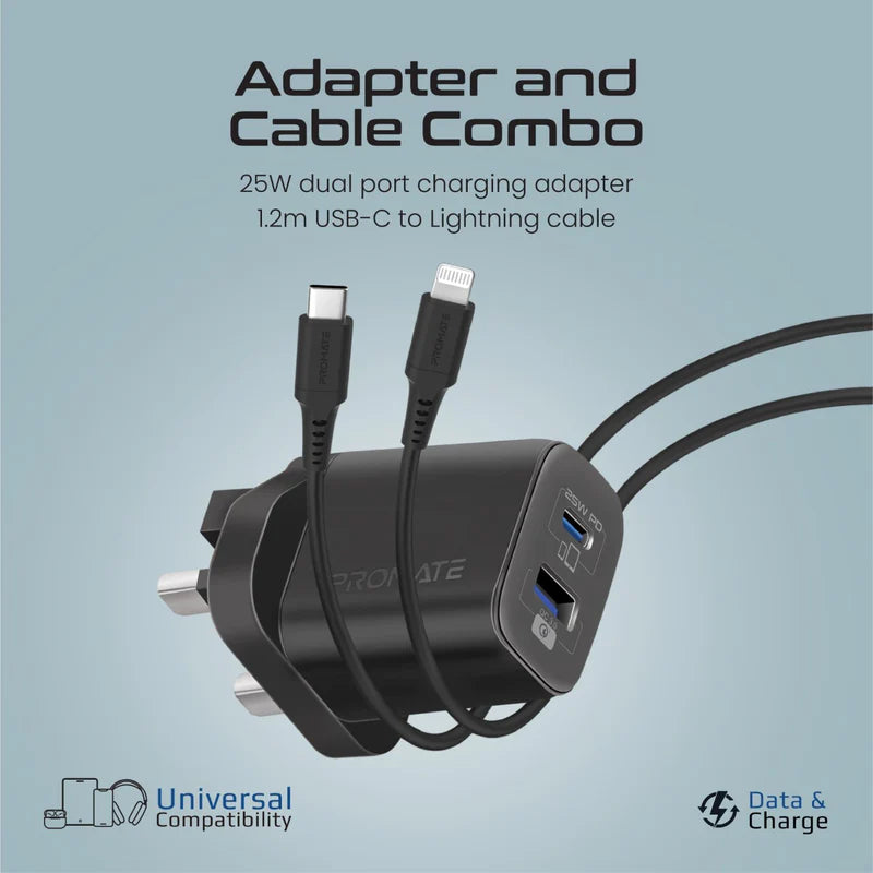 PROMATE ChargeKit-25PDi Power Delivery Dual Port Adapter with Cable - 25W / USB-C / Black