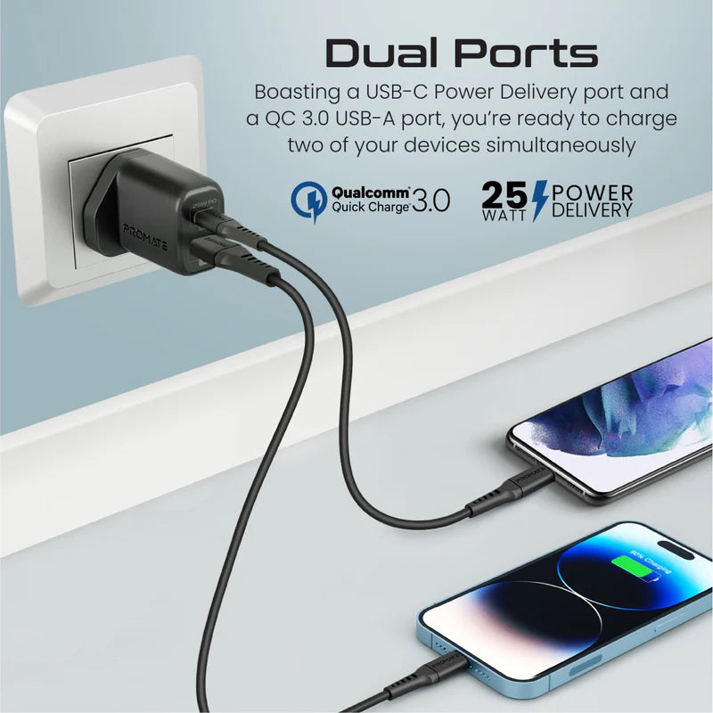 PROMATE ChargeKit-25PDi Power Delivery Dual Port Adapter with Cable - 25W / USB-C / Black