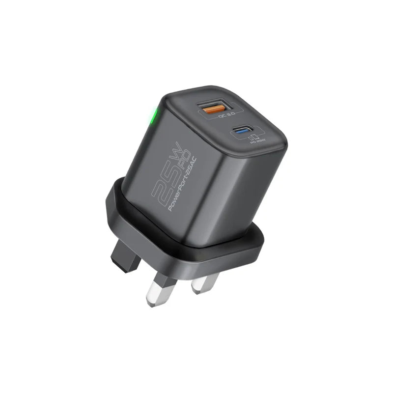 PROMATE PowerPort-25AC Power Delivery Ultra-Fast Dual Port AC Charger - 25W / USB-C / USB-A / Black