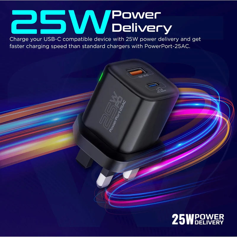 PROMATE PowerUp-Trio Ultra-Compact Fast Charging Power Bank - 20W / USB-C / Lightning / Black + PROMATE PowerPort-25AC Power Delivery Ultra-Fast Dual Port AC Charger - 25W / USB-C / USB-A / Black - Bundle Offer