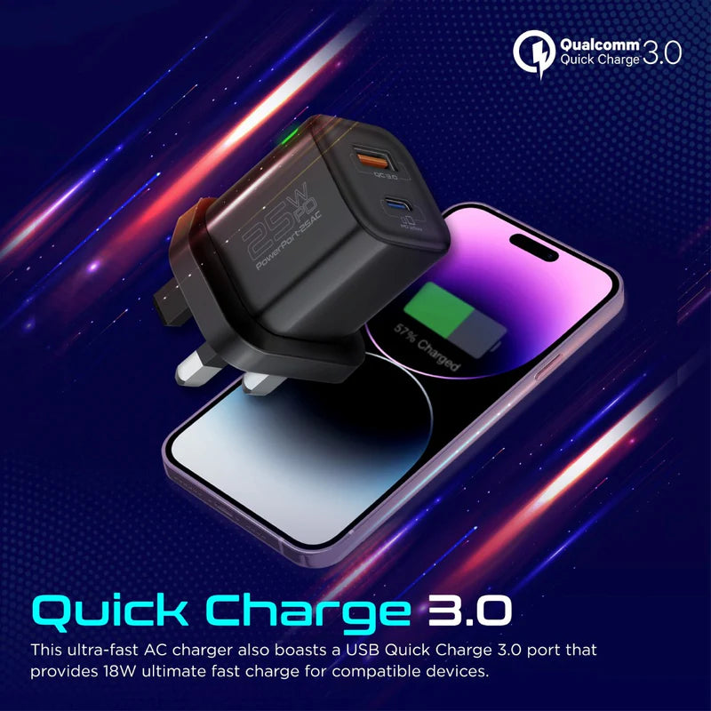 PROMATE PowerUp-Trio Ultra-Compact Fast Charging Power Bank - 20W / USB-C / Lightning / Black + PROMATE PowerPort-25AC Power Delivery Ultra-Fast Dual Port AC Charger - 25W / USB-C / USB-A / Black - Bundle Offer
