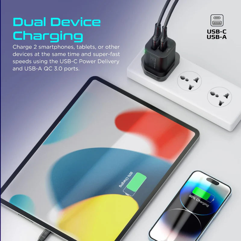 PROMATE PowerUp-Trio Ultra-Compact Fast Charging Power Bank - 20W / USB-C / Lightning / Black + PROMATE PowerPort-25AC Power Delivery Ultra-Fast Dual Port AC Charger - 25W / USB-C / USB-A / Black - Bundle Offer