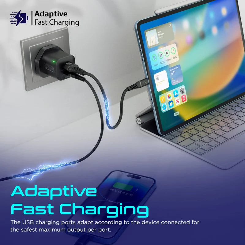 PROMATE PowerUp-Trio Ultra-Compact Fast Charging Power Bank - 20W / USB-C / Lightning / Black + PROMATE PowerPort-25AC Power Delivery Ultra-Fast Dual Port AC Charger - 25W / USB-C / USB-A / Black - Bundle Offer