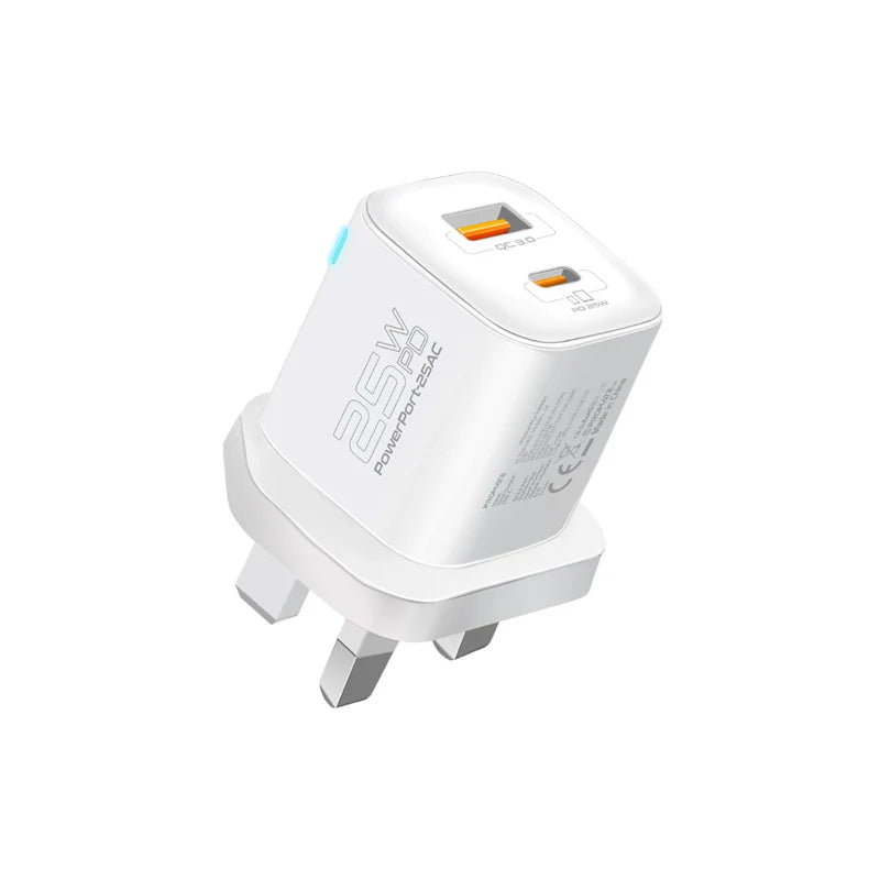 PROMATE PowerPort-25AC Power Delivery Ultra-Fast Dual Port AC Charger - 25W / USB-C / USB-A / White