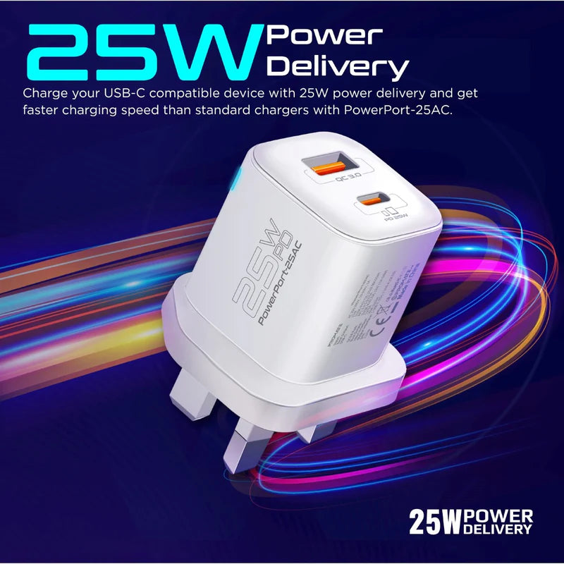 PROMATE PowerPort-25AC Power Delivery Ultra-Fast Dual Port AC Charger - 25W / USB-C / USB-A / White