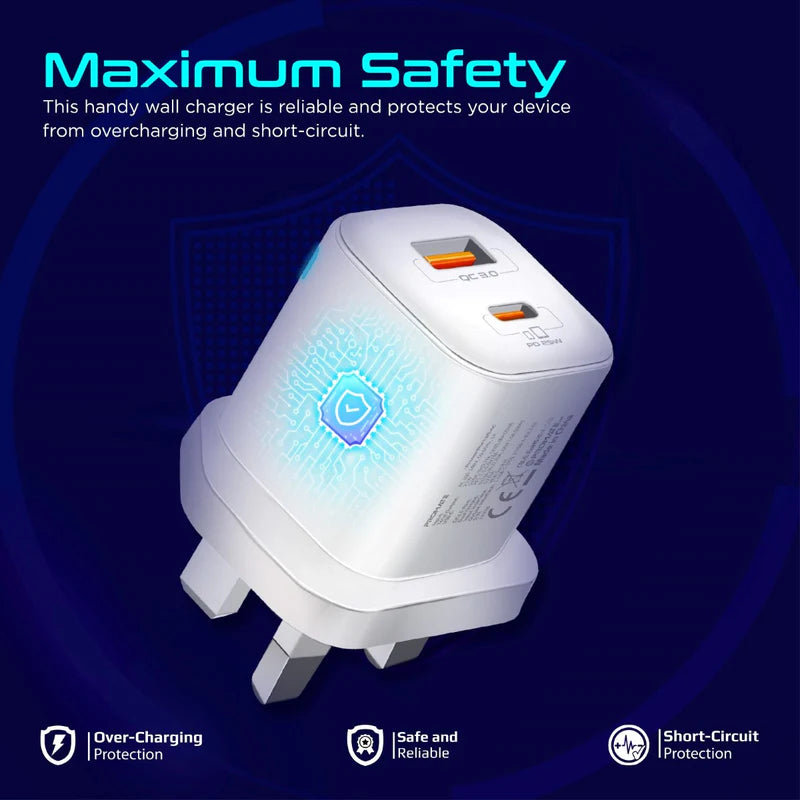 PROMATE PowerPort-25AC Power Delivery Ultra-Fast Dual Port AC Charger - 25W / USB-C / USB-A / White