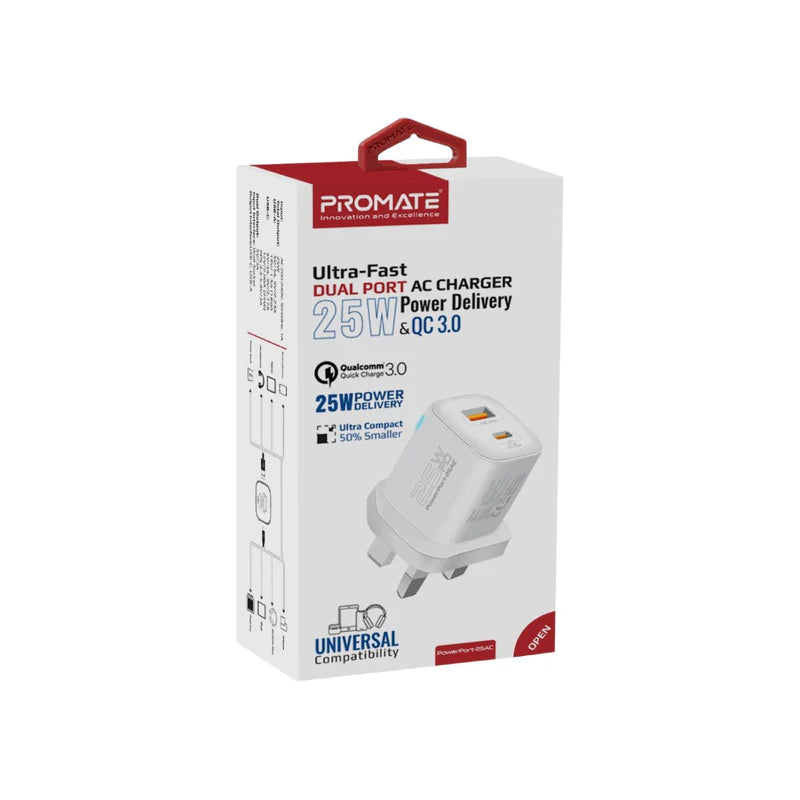 PROMATE PowerPort-25AC Power Delivery Ultra-Fast Dual Port AC Charger - 25W / USB-C / USB-A / White