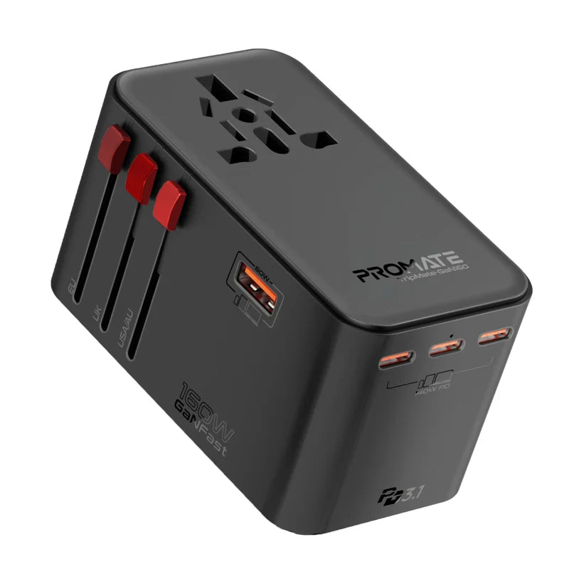 PROMATE TripMate-GaN160 GaNFast Universal Travel Adapter - 160W / USB-C / USB-A / Black