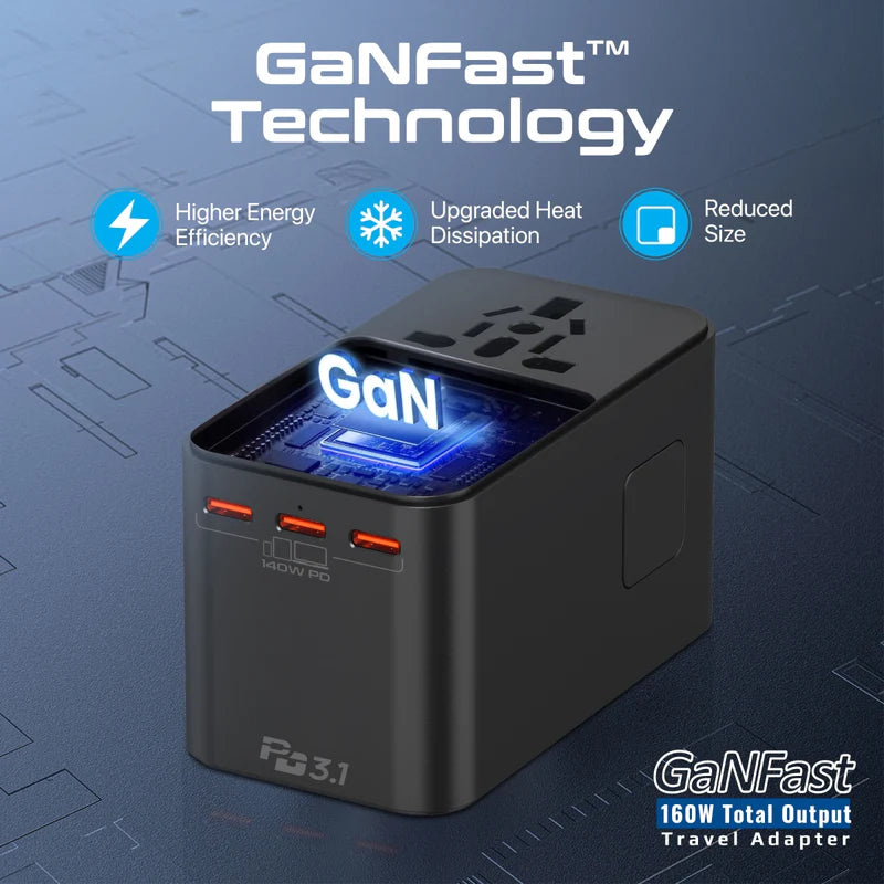 PROMATE TripMate-GaN160 GaNFast Universal Travel Adapter - 160W / USB-C / USB-A / Black