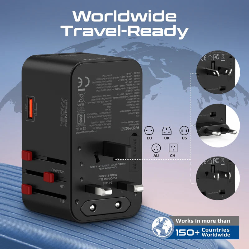 PROMATE TripMate-GaN160 GaNFast Universal Travel Adapter - 160W / USB-C / USB-A / Black