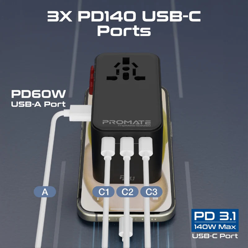 PROMATE TripMate-GaN160 GaNFast Universal Travel Adapter - 160W / USB-C / USB-A / Black