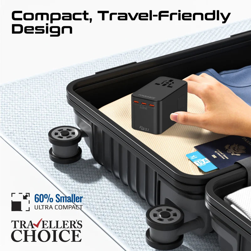 PROMATE TripMate-GaN160 GaNFast Universal Travel Adapter - 160W / USB-C / USB-A / Black
