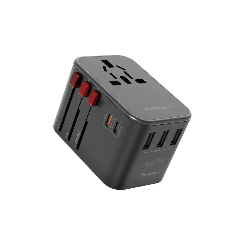 PROMATE TripMate-36W Smart Charging Universal Travel Adapter - 36W / USB-C / USB-A / Black
