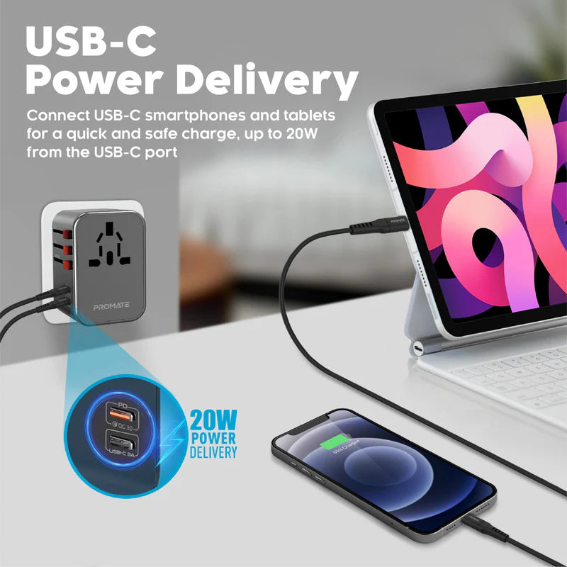 PROMATE TripMate-36W Smart Charging Universal Travel Adapter - 36W / USB-C / USB-A / Black