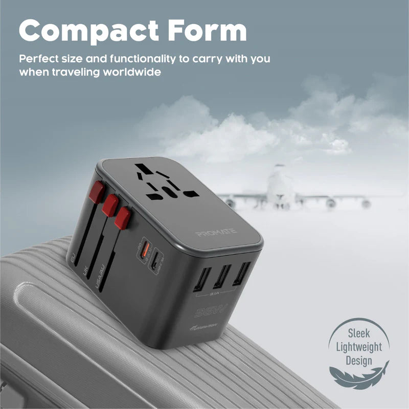 PROMATE TripMate-36W Smart Charging Universal Travel Adapter - 36W / USB-C / USB-A / Black