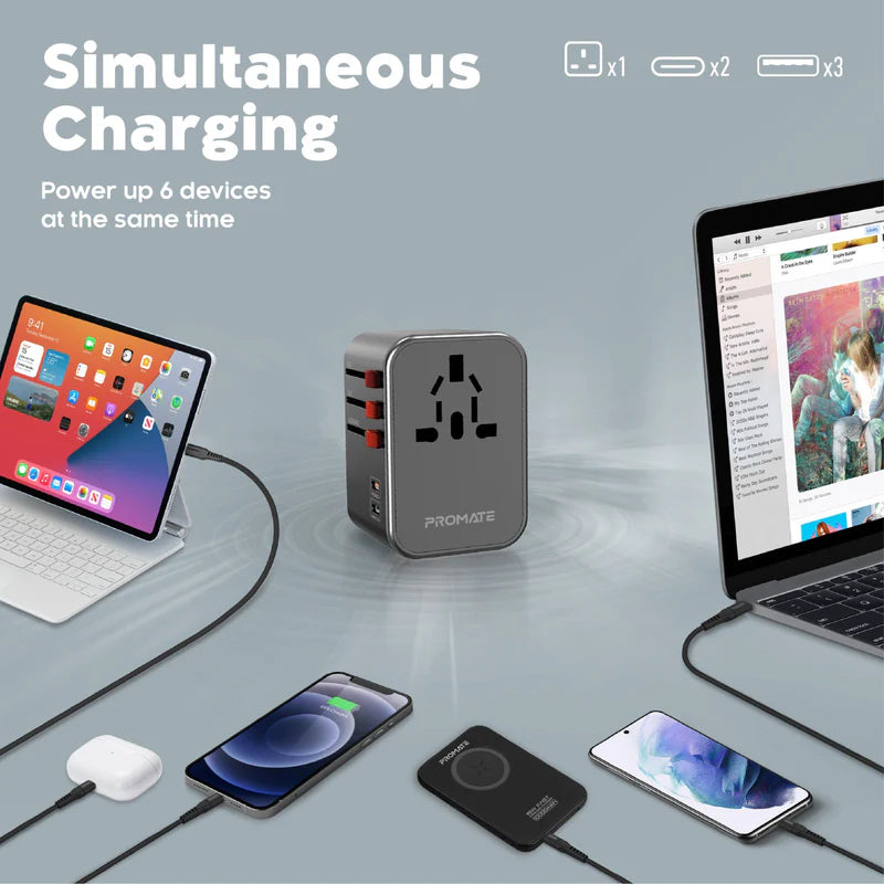 PROMATE TripMate-36W Smart Charging Universal Travel Adapter - 36W / USB-C / USB-A / Black