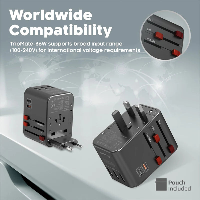 PROMATE TripMate-36W Smart Charging Universal Travel Adapter - 36W / USB-C / USB-A / Black