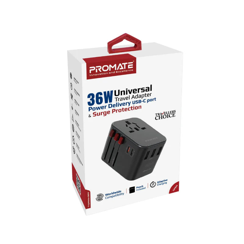 PROMATE TripMate-36W Smart Charging Universal Travel Adapter - 36W / USB-C / USB-A / Black