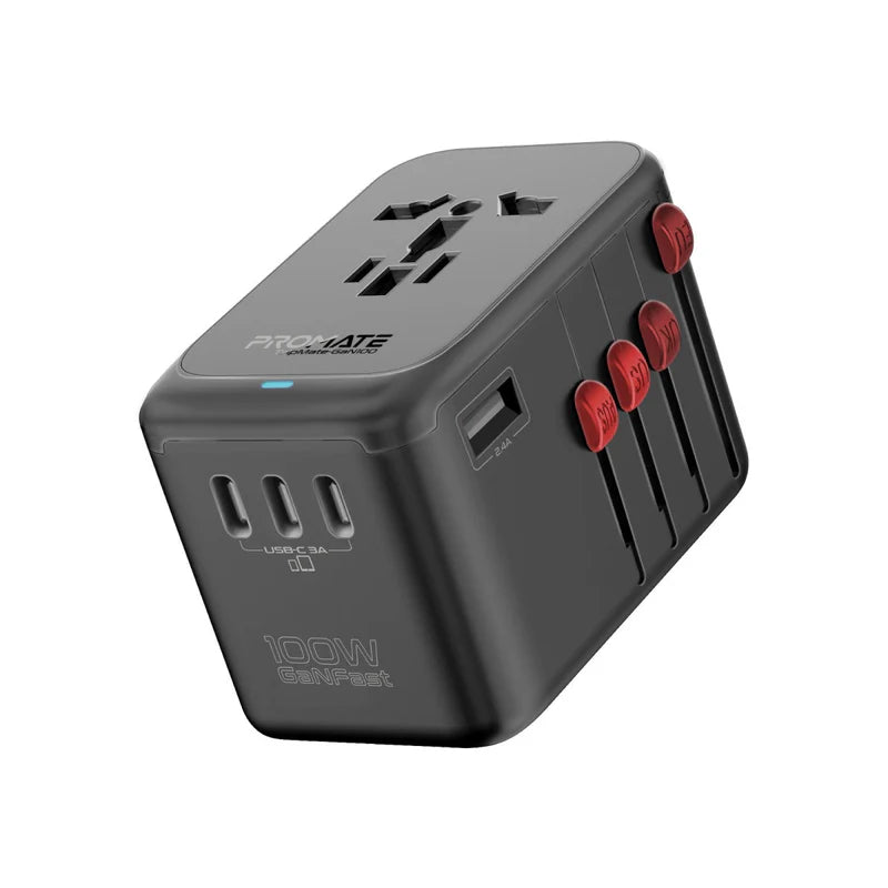 PROMATE TripMate-GaN100 GaNFast Multi-Port Travel Adapter - 100W / USB-C / USB-A / Black