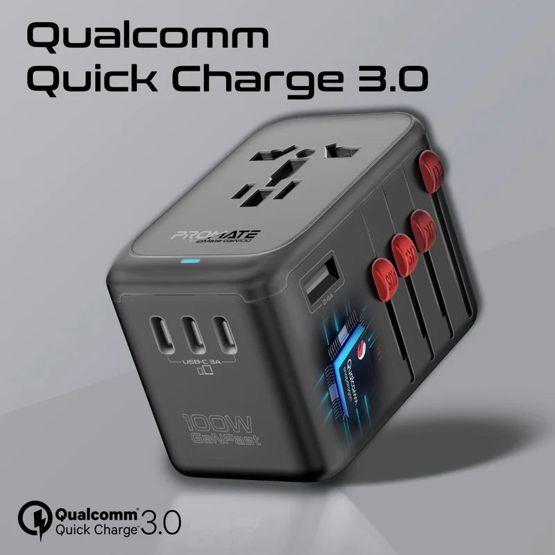 PROMATE TripMate-GaN100 GaNFast Multi-Port Travel Adapter - 100W / USB-C / USB-A / Black