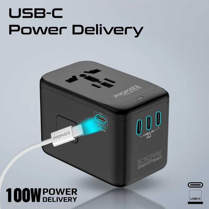 PROMATE TripMate-GaN100 GaNFast Multi-Port Travel Adapter - 100W / USB-C / USB-A / Black