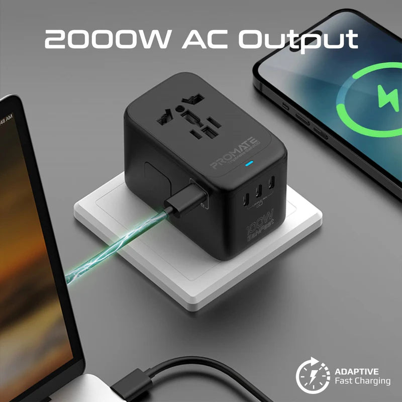 PROMATE TripMate-GaN100 GaNFast Multi-Port Travel Adapter - 100W / USB-C / USB-A / Black