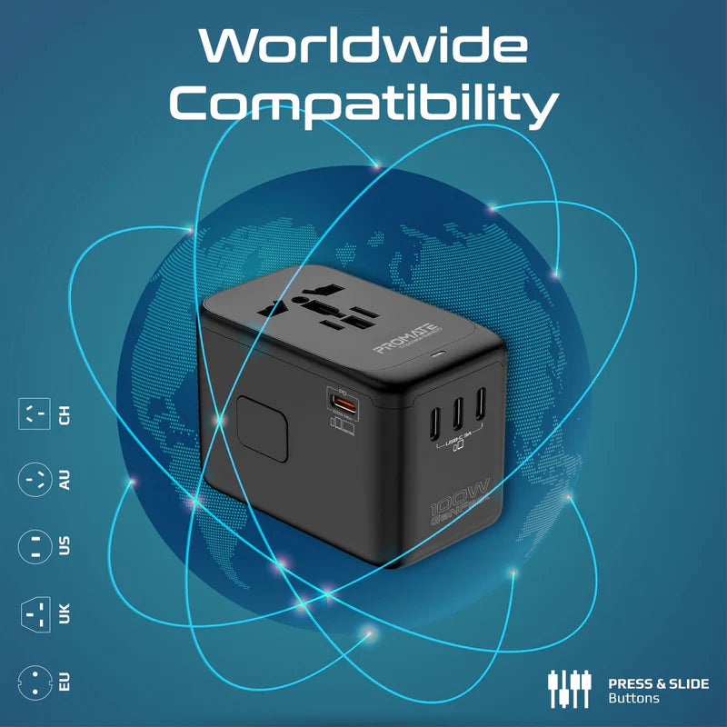 PROMATE TripMate-GaN100 GaNFast Multi-Port Travel Adapter - 100W / USB-C / USB-A / Black