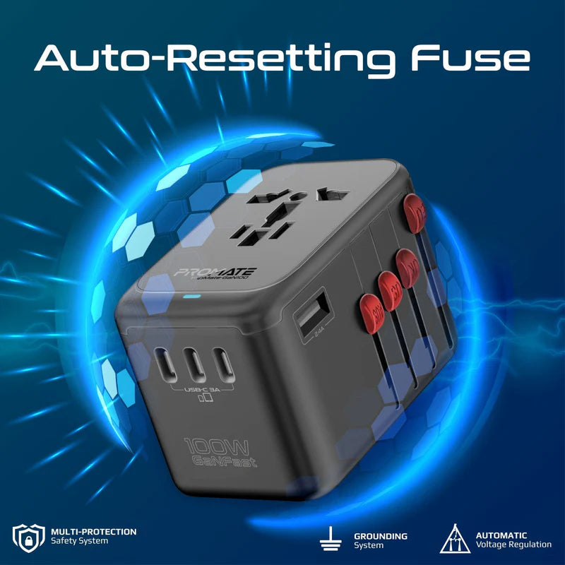 PROMATE TripMate-GaN100 GaNFast Multi-Port Travel Adapter - 100W / USB-C / USB-A / Black