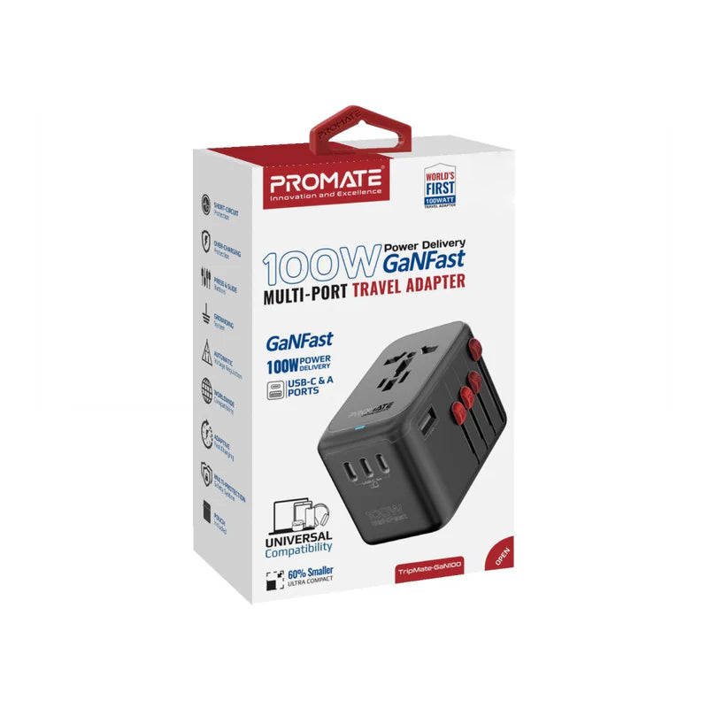 PROMATE TripMate-GaN100 GaNFast Multi-Port Travel Adapter - 100W / USB-C / USB-A / Black