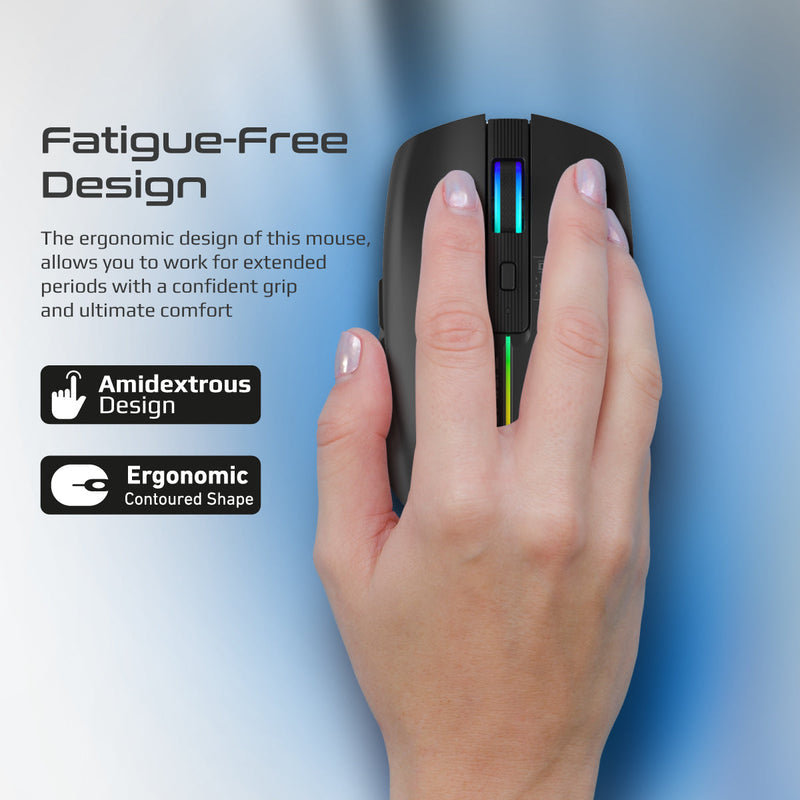 PROMATE Kitt Wireless Ergonomic Optical Mouse with LED Rainbow Lights - 2.4Ghz / Black