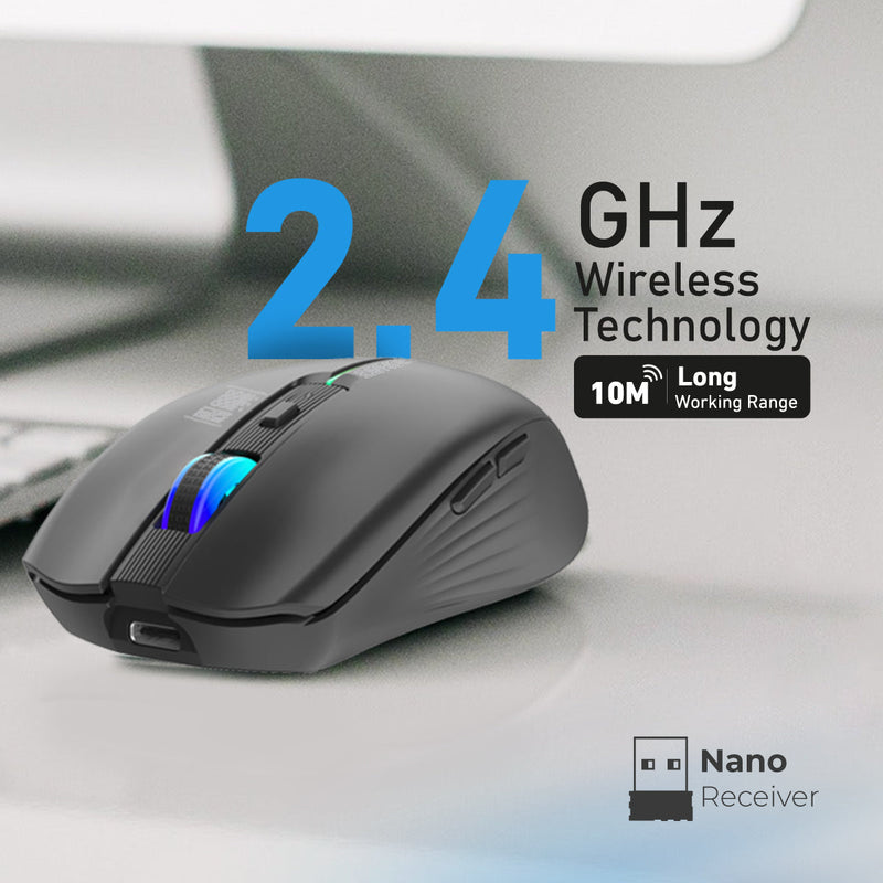 PROMATE Kitt Wireless Ergonomic Optical Mouse with LED Rainbow Lights - 2.4Ghz / Black