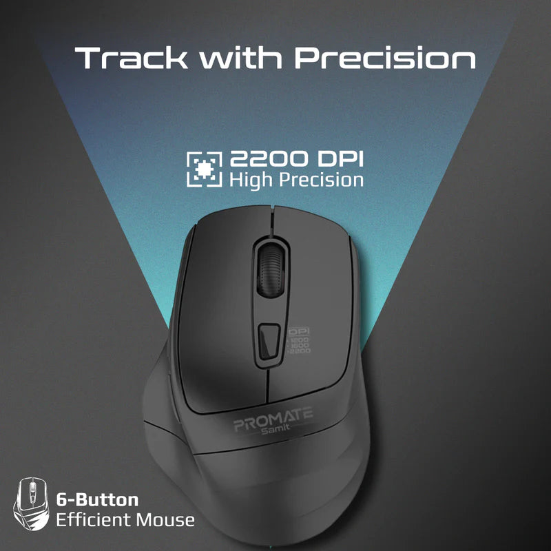PROMATE Samit Ergonomic Silent Click Wireless Mouse - 2200dpi / Black