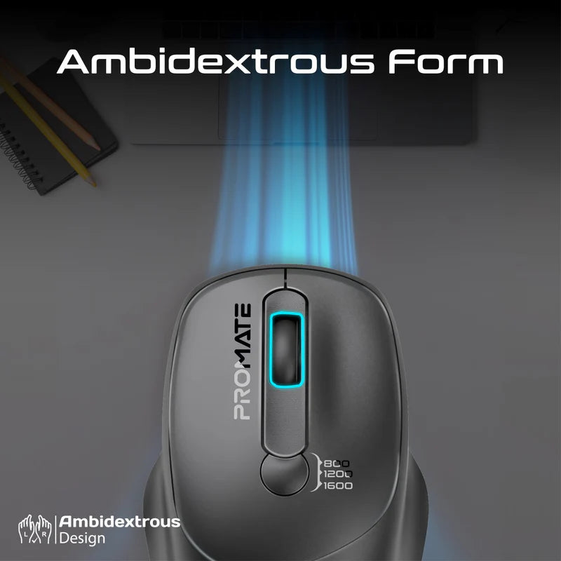 PROMATE UniGlide EZGrip Ergonomic Wireless Mouse - 1600dpi / Black
